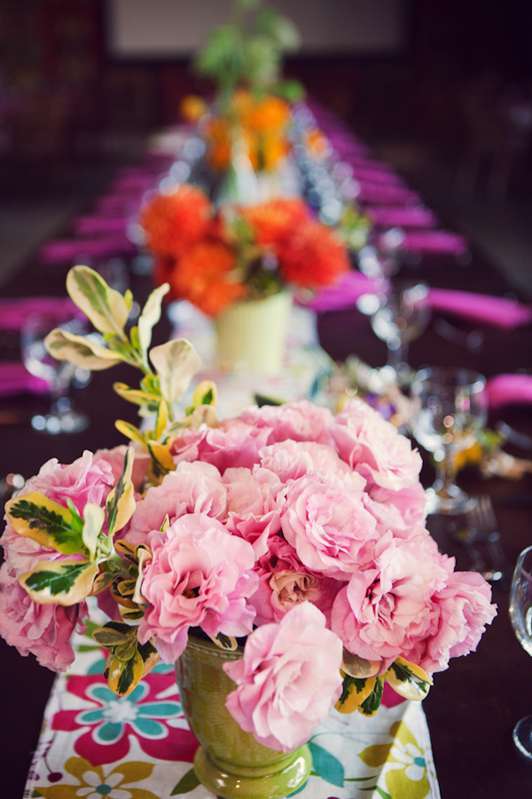 long table setting with pink floral centerpiece - vintage LA wedding at The Smog Shoppe photo by top Orange County wedding photographer Duke Images